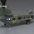 Green Military Helicopter with American Flag Insignia and Yellow Stripes