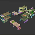 Military Style Dormitory Furniture Collection With Bunk Beds Tables Shelves And Crates