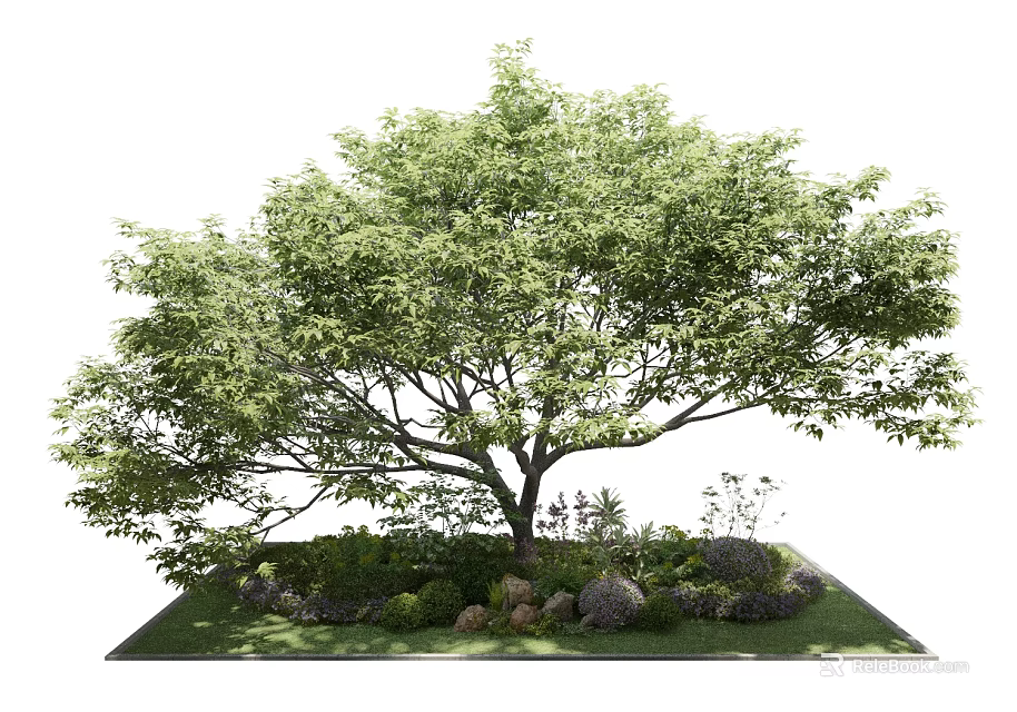 Arbor with lush green leaves in garden landscape surrounded by small plants and stones 3d model 