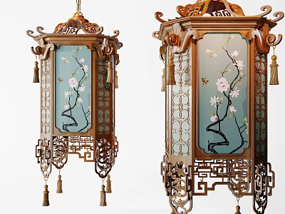 Traditional Chinese Lanterns With Intricate Carved Frames Plum Blossom Patterns And Tassel Decorations 3d model