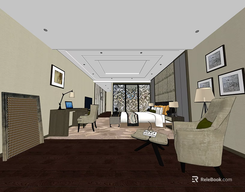 Modern Hotel Guest Room Interior With Framed Pictures Floor to Ceiling Windows Armchair and Bed 3d model 
