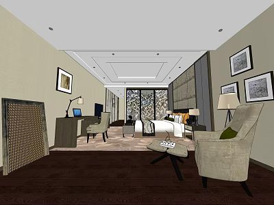 Modern Hotel Guest Room Interior With Framed Pictures Floor to Ceiling Windows Armchair and Bed 3d model