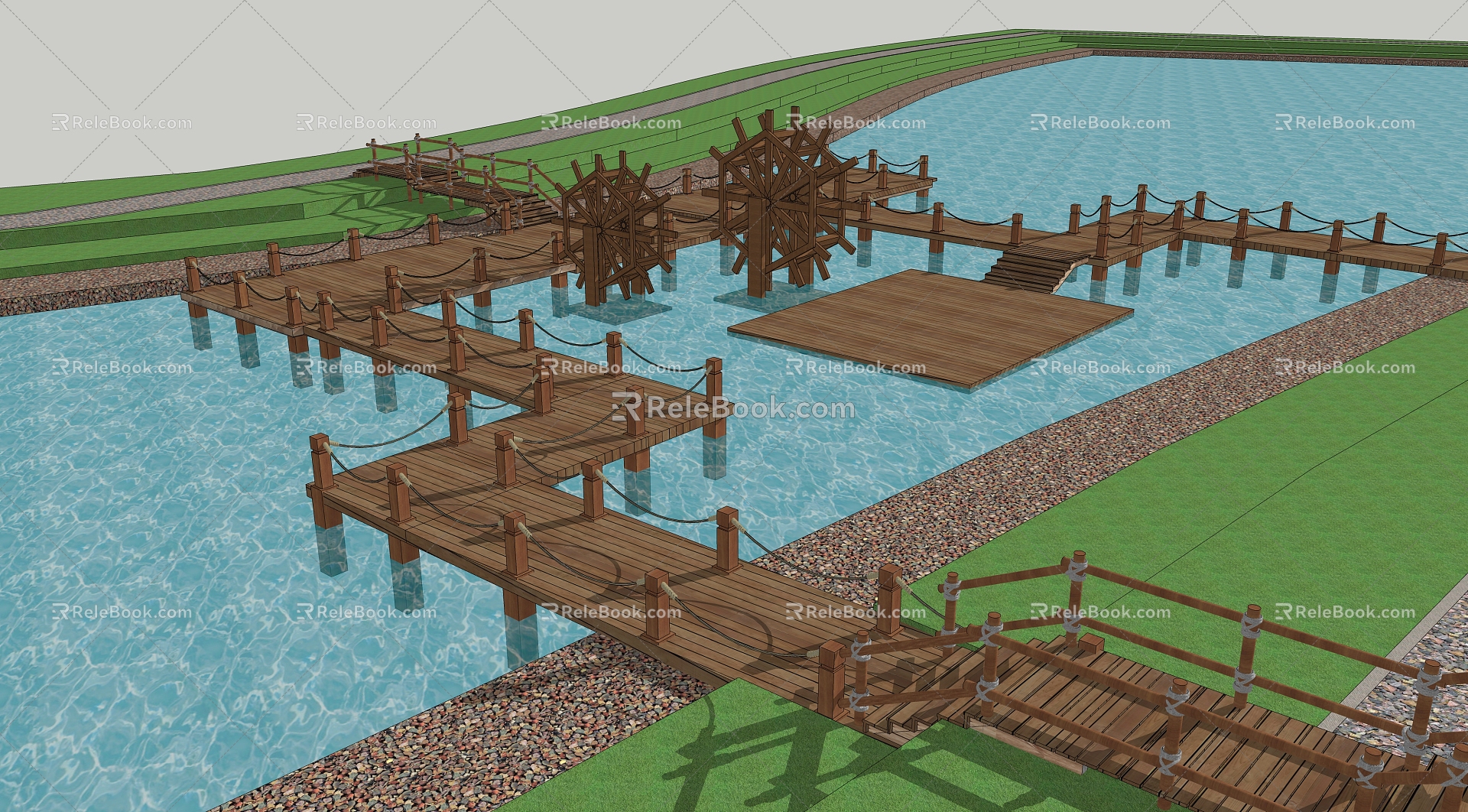 Modern plank road waterwheel landscape sketch wooden plank road travel experience sketch model