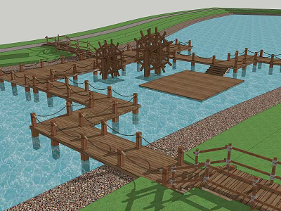 Modern plank road waterwheel landscape sketch wooden plank road travel experience sketch 3d model