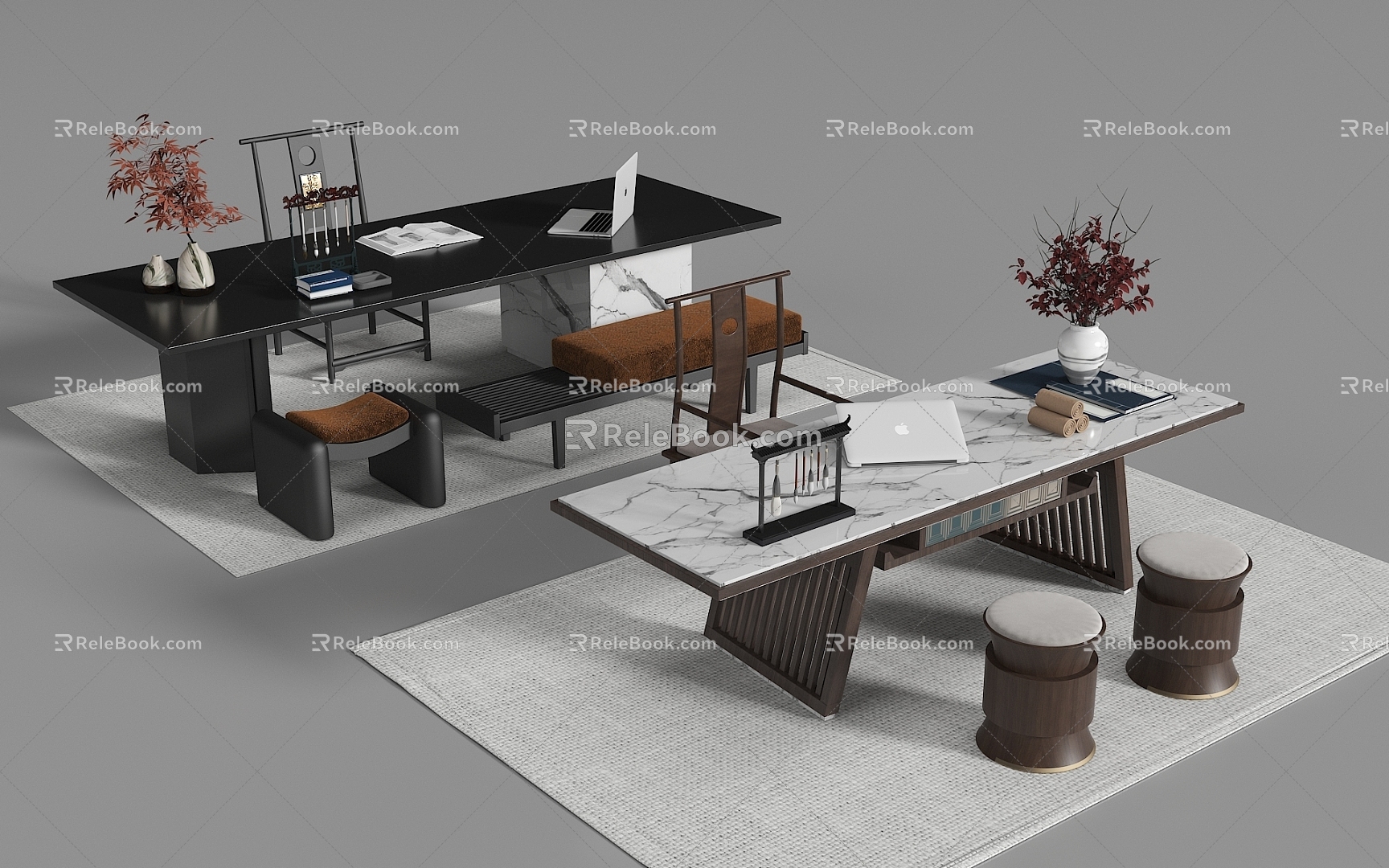 Chinese-style Office Desk and Chair 3d model