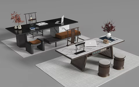 Chinese-style Office Desk and Chair 3d model