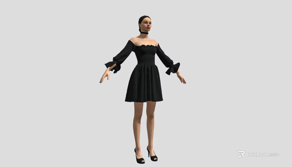 Woman Wearing Black Off The Shoulder Dress With Long Ruffled Sleeves And High Heels 3d model 