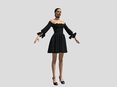 Woman Wearing Black Off The Shoulder Dress With Long Ruffled Sleeves And High Heels 3d model