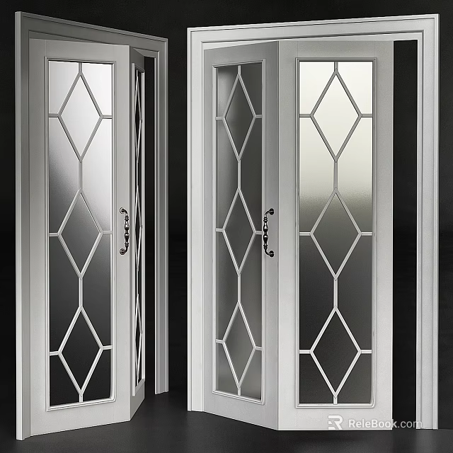White Hinged Doors With Decorative Diamond Pattern Glass For Modern Home 3d model 