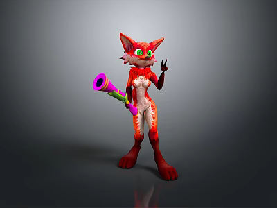Red Fox Cartoon Character 3D Model With Green Eyes Pink Purple Megaphone Making Peace Sign 3d model