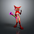 Red Fox Cartoon Character 3D Model With Green Eyes Pink Purple Megaphone Making Peace Sign