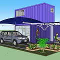 Purple Container Detached Villa With Blue Awning SUV Outdoor Table Chairs Green Plants Flower Beds