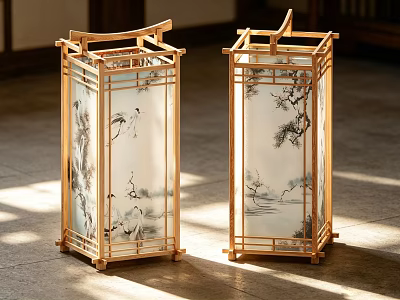 Traditional Chinese Lanterns Featuring Bamboo Frame And Crane Pine Tree Paintings With Soft Light 3d model