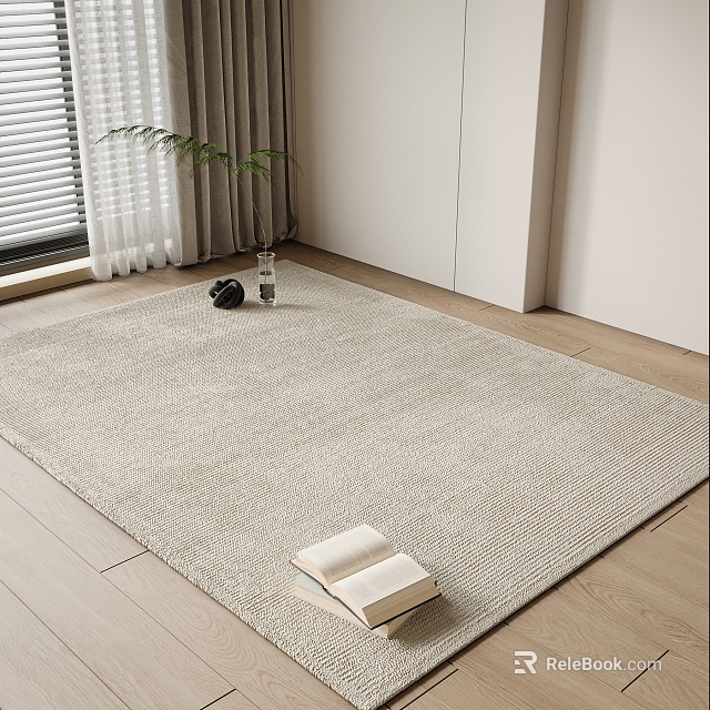 Light Gray Woven Square Rug in Interior with Open Book Vase and Wooden Floor 3d model 