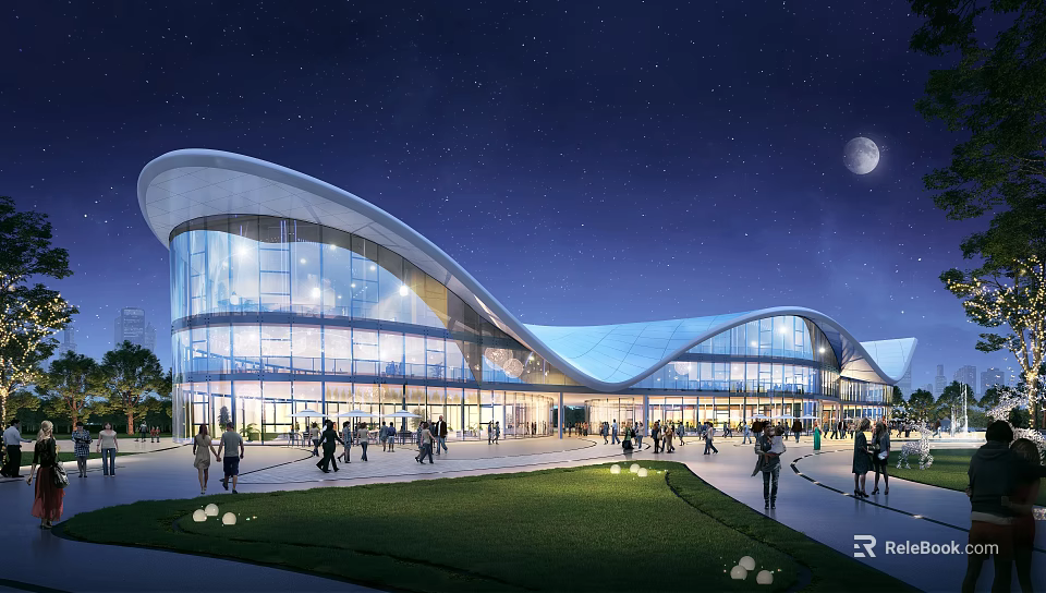 Modern Commercial Complex Night Scene With Curved Glass Facade And Crowded Plaza 3d model 