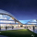 Modern Commercial Complex Night Scene With Curved Glass Facade And Crowded Plaza