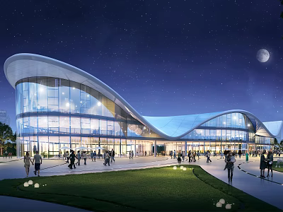 Modern Commercial Complex Night Scene With Curved Glass Facade And Crowded Plaza 3d model