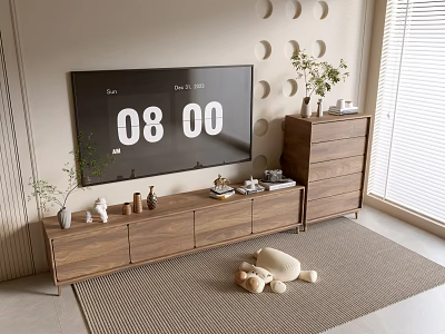 Modern Wooden TV Stand With TV Decorative Plants And Matching Chest Of Drawers 3d model
