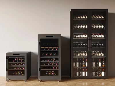 Three Different Sizes Black Wine Cabinets With Glass Doors And Wine Bottles Storage 3d model