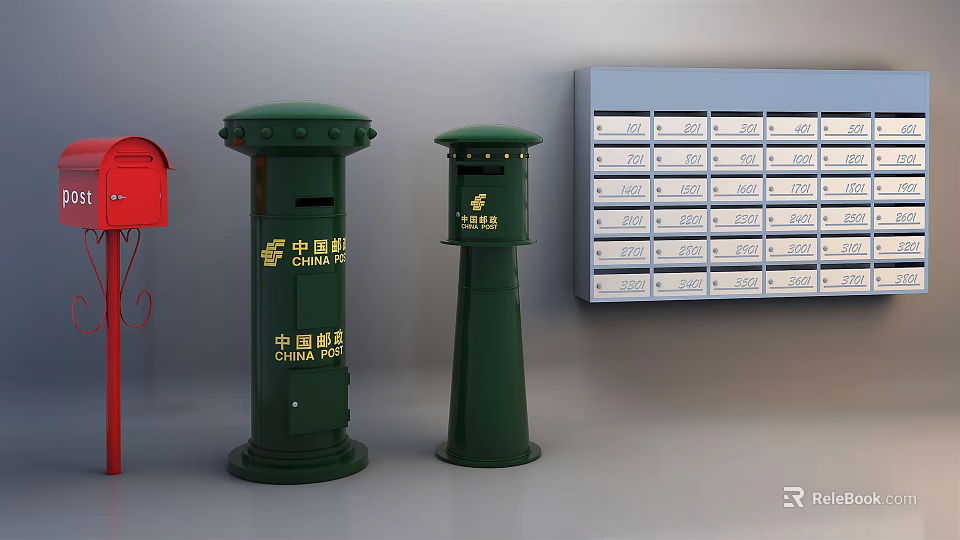 Public Facilities Featuring Green Post Boxes And Wall Mounted Mailboxes 3d model 