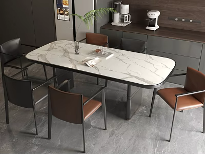 Modern Oval Dining Table Set With Marble Top And Leather Metal Legs Chairs 3d model