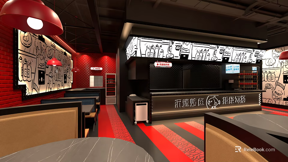 Modern Restaurant Interior With Red Brick Wall Black White Decor And Red Flooring 3d model 