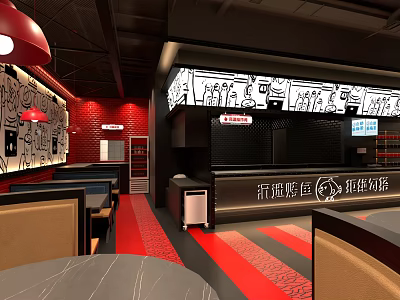 Modern Restaurant Interior With Red Brick Wall Black White Decor And Red Flooring 3d model