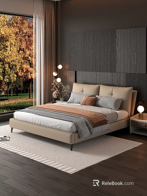 Double Bed With Beige Headboard Pillows Nightstand Table Lamp Autumn View Through Large Window 3d model 