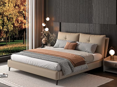 Double Bed With Beige Headboard Pillows Nightstand Table Lamp Autumn View Through Large Window 3d model