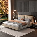 Double Bed With Beige Headboard Pillows Nightstand Table Lamp Autumn View Through Large Window