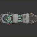 3D Rendered Mechanical Device With Circular Structure Green Elements Gray Body And Yellow Accents