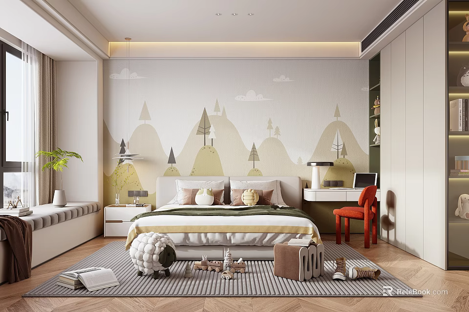 Kids Room Interior With Mountain Tree Cloud Mural Bed Rug Toys Desk Chair Plant 3d model 