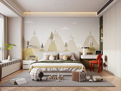 Kids Room Interior With Mountain Tree Cloud Mural Bed Rug Toys Desk Chair Plant 3d model