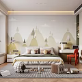 Kids Room Interior With Mountain Tree Cloud Mural Bed Rug Toys Desk Chair Plant
