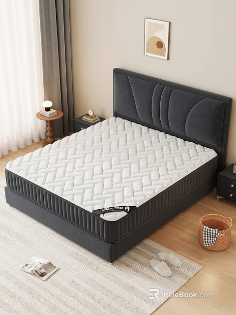 Comfortable White Mattress With Herringbone Pattern On Black Bed Frame And Upholstered Headboard 3d model 