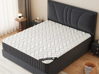 Comfortable White Mattress With Herringbone Pattern On Black Bed Frame And Upholstered Headboard 3d model