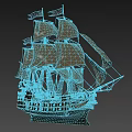 Vintage Wooden Sailing Ship With Red Flags And White Sails On Gray Background