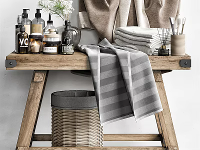 Bathroom Accessories Display On Wooden Shelf With Towels Toiletries And Wicker Basket 3d model