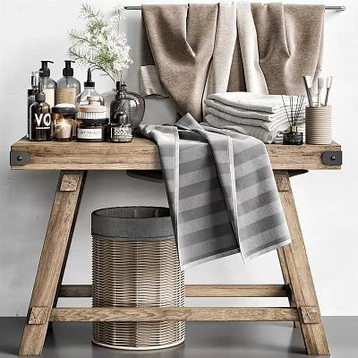 Bathroom Accessories Display On Wooden Shelf With Towels Toiletries And Wicker Basket 3d model