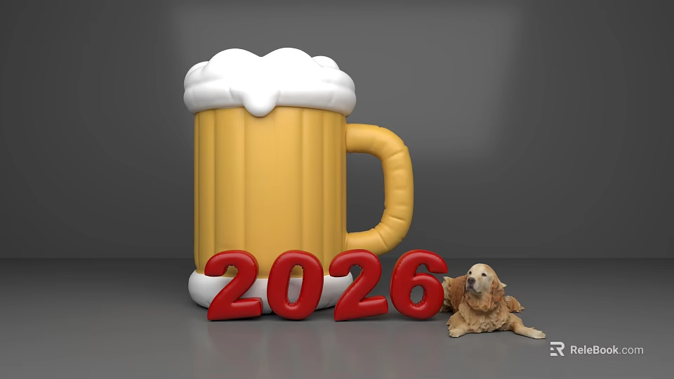Inflatable Yellow Beer Mug With Foam And 2026 Numbers And Brown Dog 3d model 