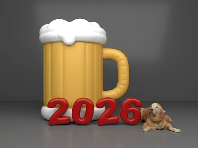 Inflatable Yellow Beer Mug With Foam And 2026 Numbers And Brown Dog 3d model