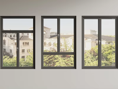 Three Black Framed Casement Windows With Buildings And Greenery View Outside 3d model
