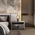 Double Bed With Decorative Wall Art White Grey Pillows Nightstand And Table Lamp
