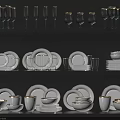 Modern White Dinnerware Set Display On Multi tiered Shelves With Plates Bowls And Cups