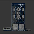 Blue Mechanical Industrial Equipment With Roller System And Yellow Black Warning Stripes