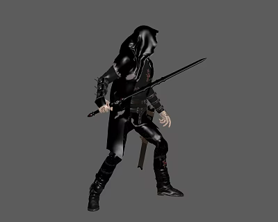 Game Movie Character Dark Fantasy Hooded Warrior in Black Leather Armor Holding Longsword Dynamic Pose 3d model