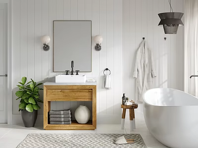 Modern Bathroom Interior With Wooden Vanity Large Mirror And Freestanding Bathtub 3d model