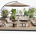 Comfortable Outdoor Sofa with Large Umbrella and Lush Plants on Wooden Patio