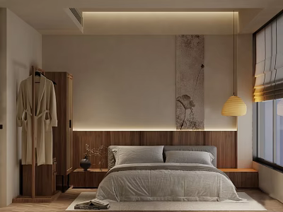 Serene Hotel Guest Room Interior With Wooden Headboard Decorative Painting And Pendant Lamp 3d model