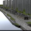 Riverside Commercial Street With Modern Buildings Pedestrian Walkway And Street Lamps At Sunset